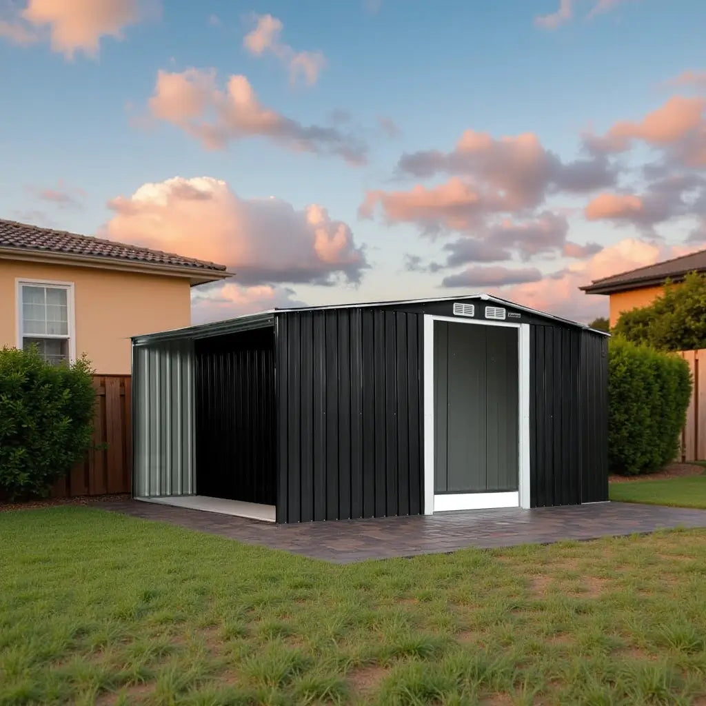 Family using premium black garden shed for organized outdoor storage and workshop space