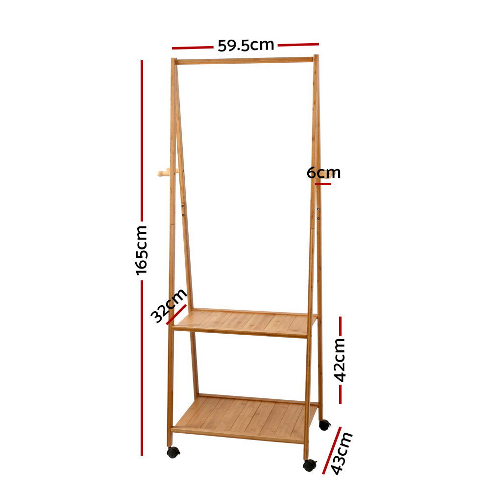 Natural Bamboo Clothes Rack with Wheels & Storage Shelves – 165cm