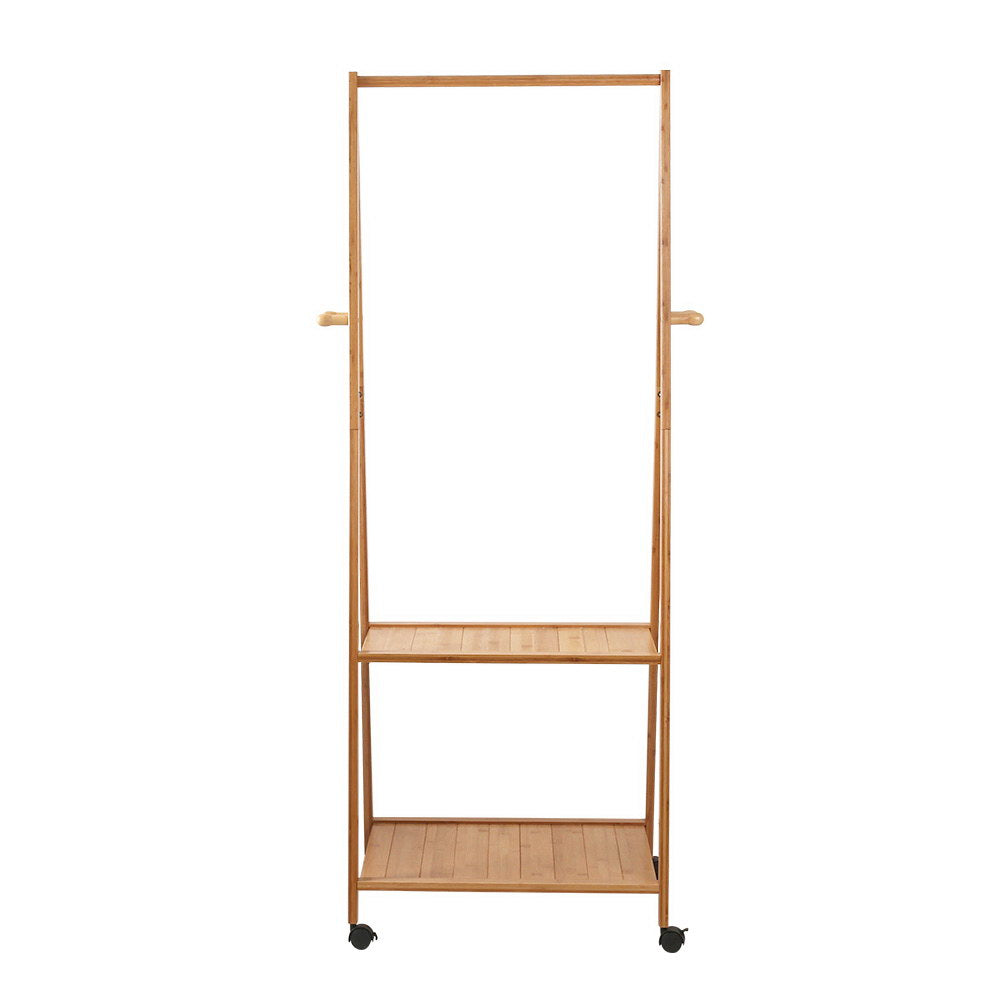 Natural Bamboo Clothes Rack with Wheels & Storage Shelves – 165cm