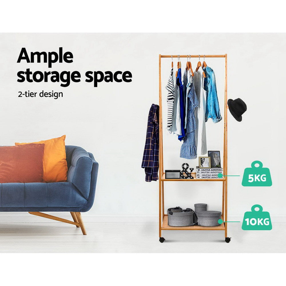 Natural Bamboo Clothes Rack with Wheels & Storage Shelves – 165cm
