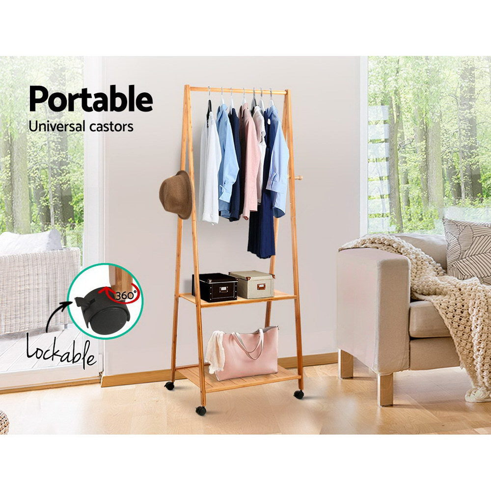 Natural Bamboo Clothes Rack with Wheels & Storage Shelves – 165cm