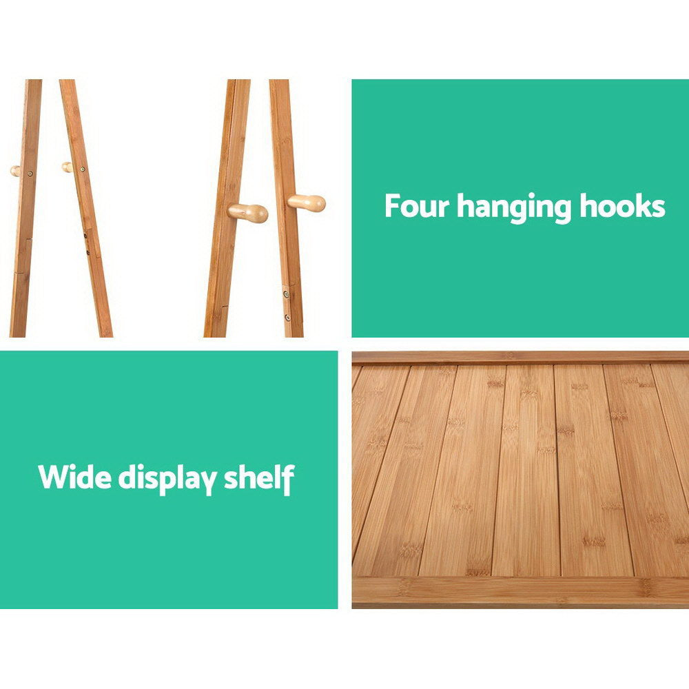 Natural Bamboo Clothes Rack with Wheels & Storage Shelves – 165cm