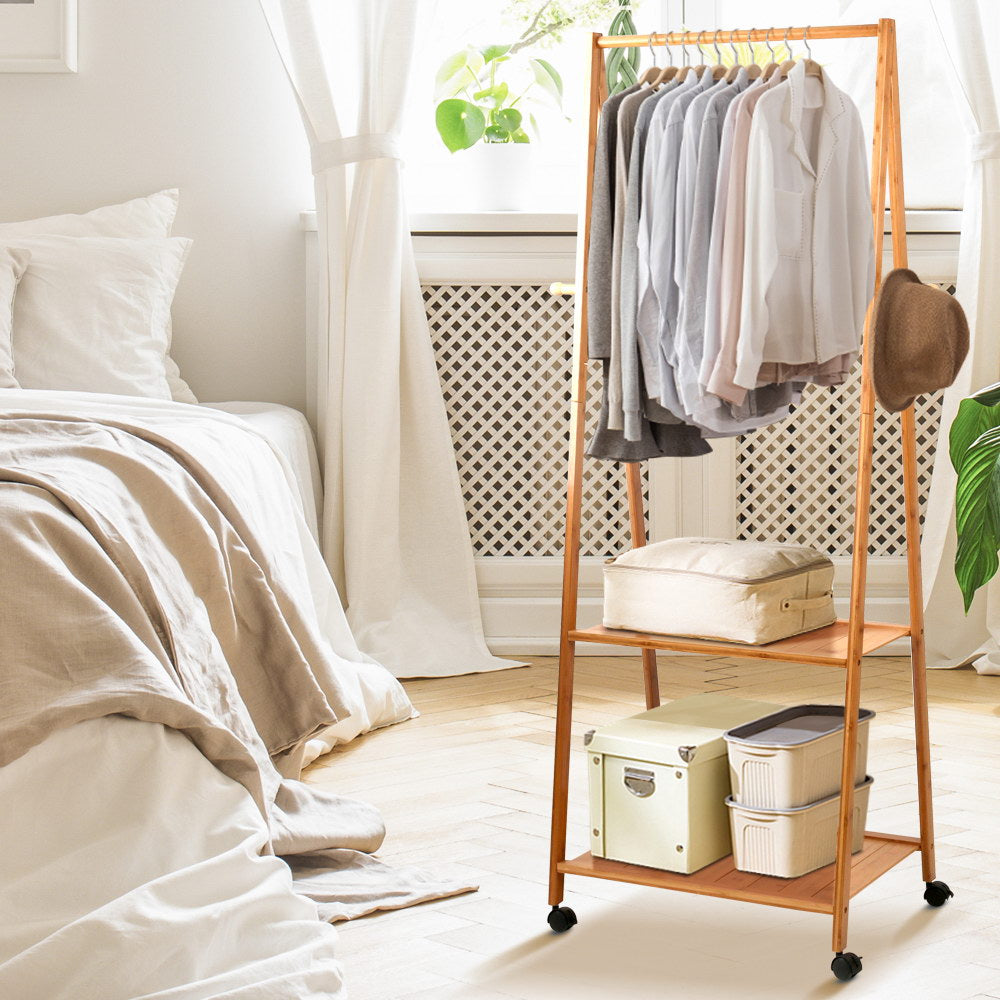 Natural Bamboo Clothes Rack with Wheels & Storage Shelves – 165cm