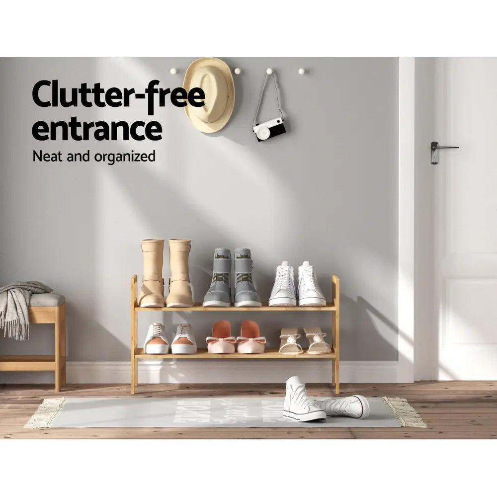 Bamboo shoe rack in modern Australian home entryway with shoes organized