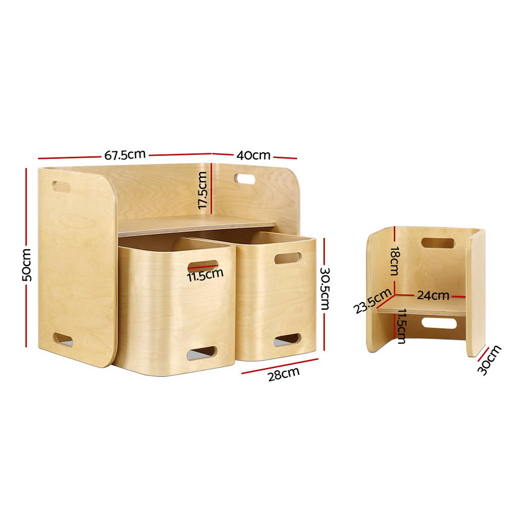 Keezi 3PCS Kids Table & Chair Set – Multifunctional Birch Desk with Storage (Natural Finish)