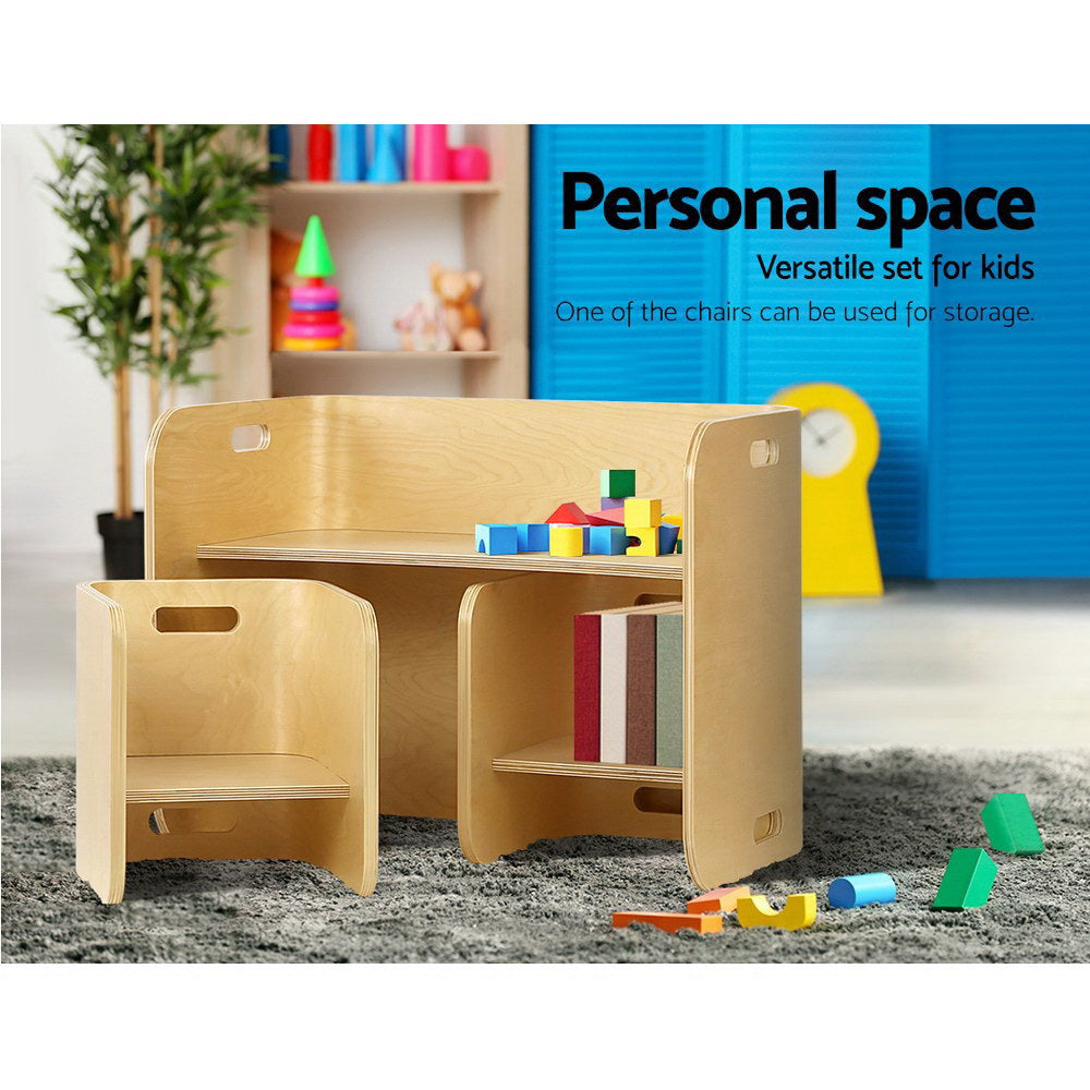 Keezi 3PCS Kids Table & Chair Set – Multifunctional Birch Desk with Storage (Natural Finish)