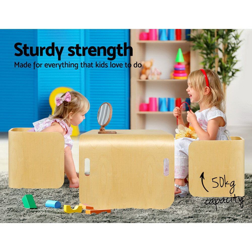 Keezi 3PCS Kids Table & Chair Set – Multifunctional Birch Desk with Storage (Natural Finish)