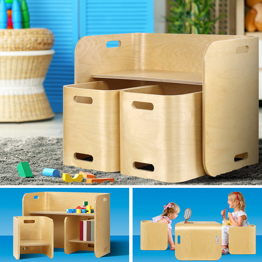 Keezi 3PCS Kids Table & Chair Set – Multifunctional Birch Desk with Storage (Natural Finish)