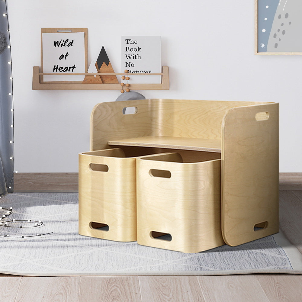 Keezi 3PCS Kids Table & Chair Set – Multifunctional Birch Desk with Storage (Natural Finish)
