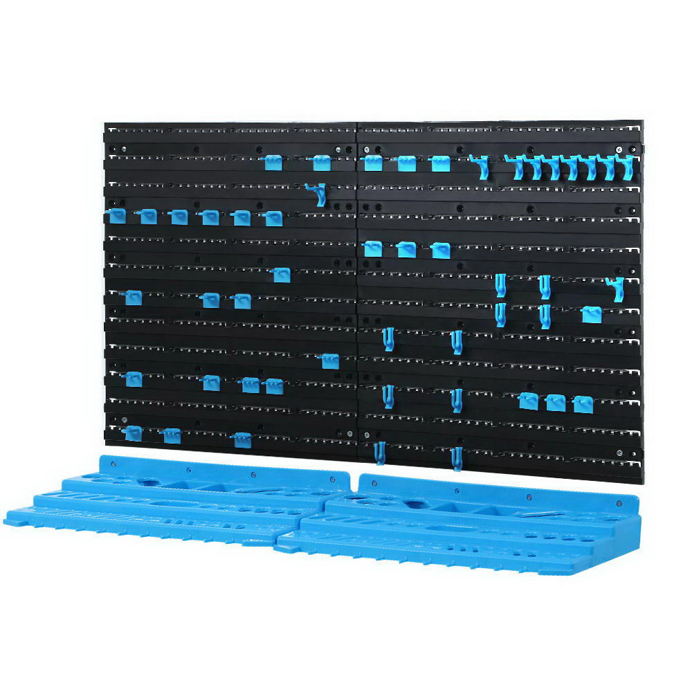 54 piece blue and black pegboard tool storage system mounted on garage wall with organized tools