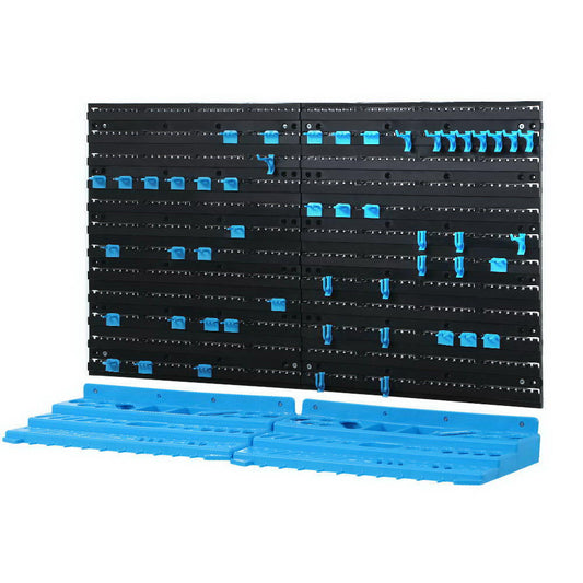 54 piece blue and black pegboard tool storage system mounted on garage wall with organized tools
