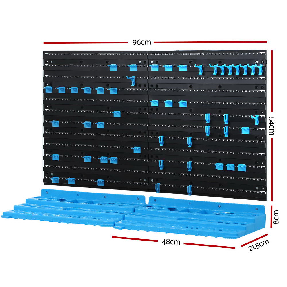 Complete 54-piece tool organization system mounted on garage wall
