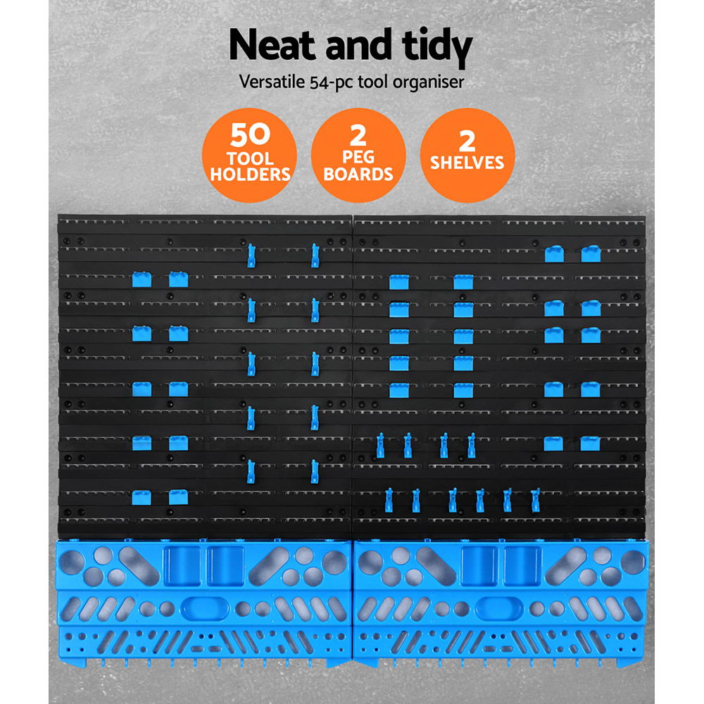 50 customizable tool holders on blue and black pegboard wall storage system