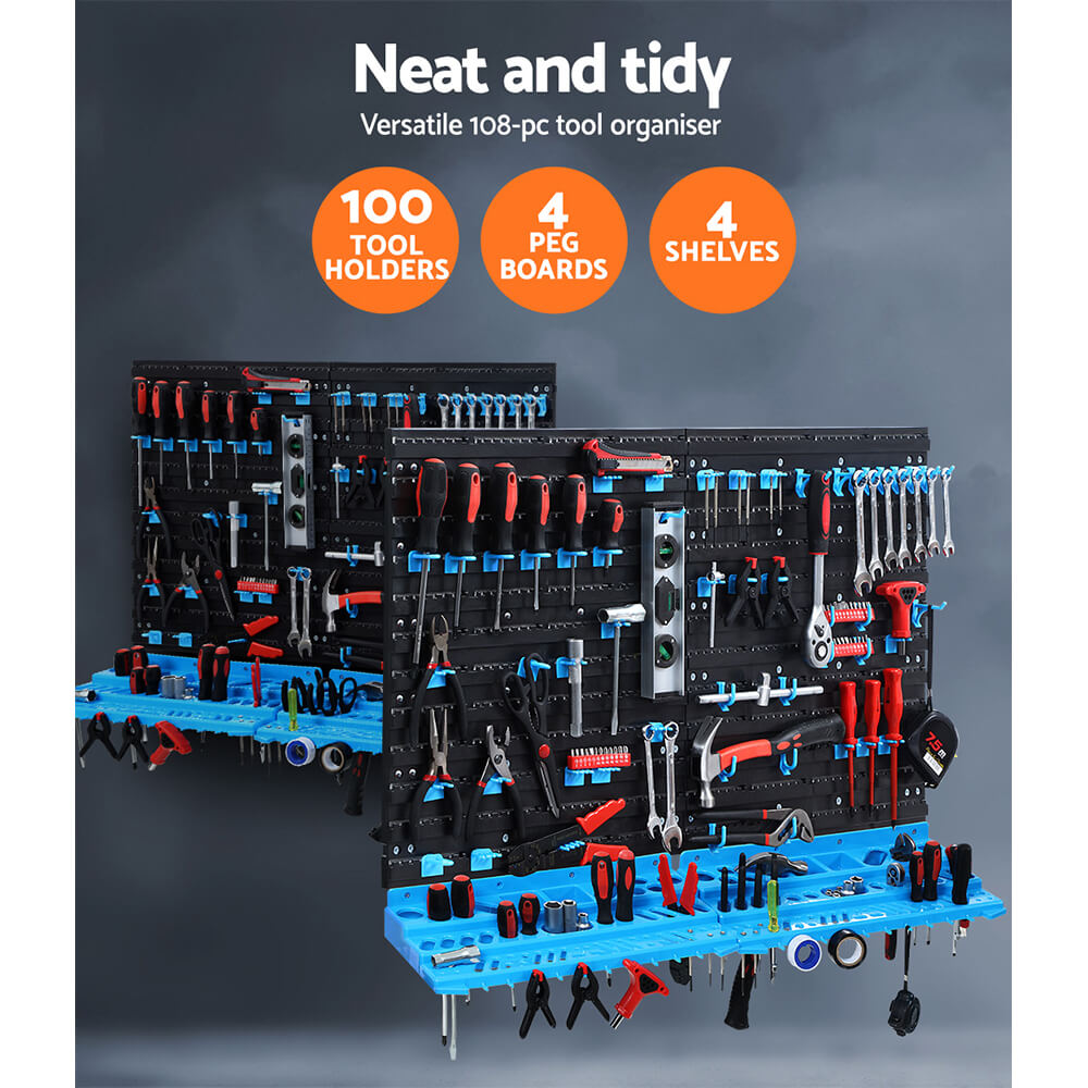 Heavy duty pegboard holding power tools drills and hand tools on garage wall