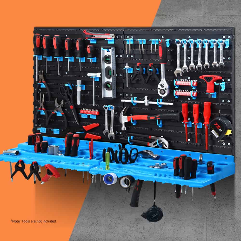 Wall mounted pegboard tool organizer system with 108 pieces in Australian garage workshop