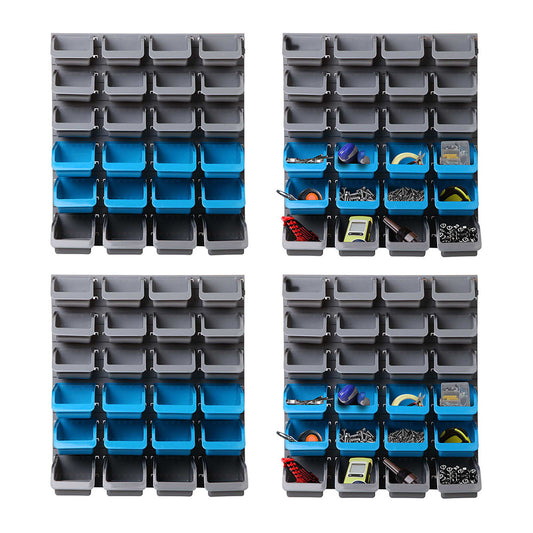 96 bin wall mounted storage rack with removable bins organized on pegboard in garage workshop