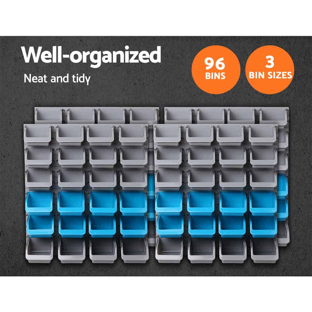 Giantz 96 Bin Wall Storage Rack | Heavy Duty Parts Organiser with Pegboard