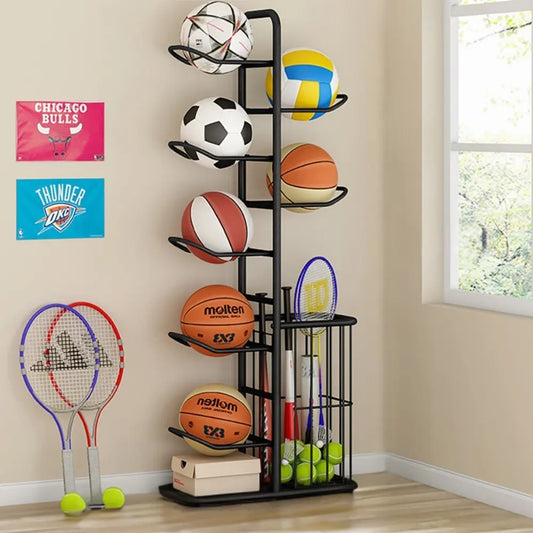 Black vertical ball storage rack holding basketballs and soccer balls in home garage