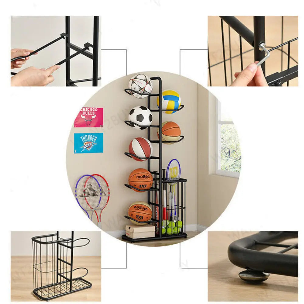 Mesh storage basket at base of vertical ball rack for sports equipment