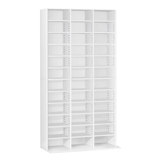 Large white adjustable media storage shelf displaying video game collection and physical media for collectors