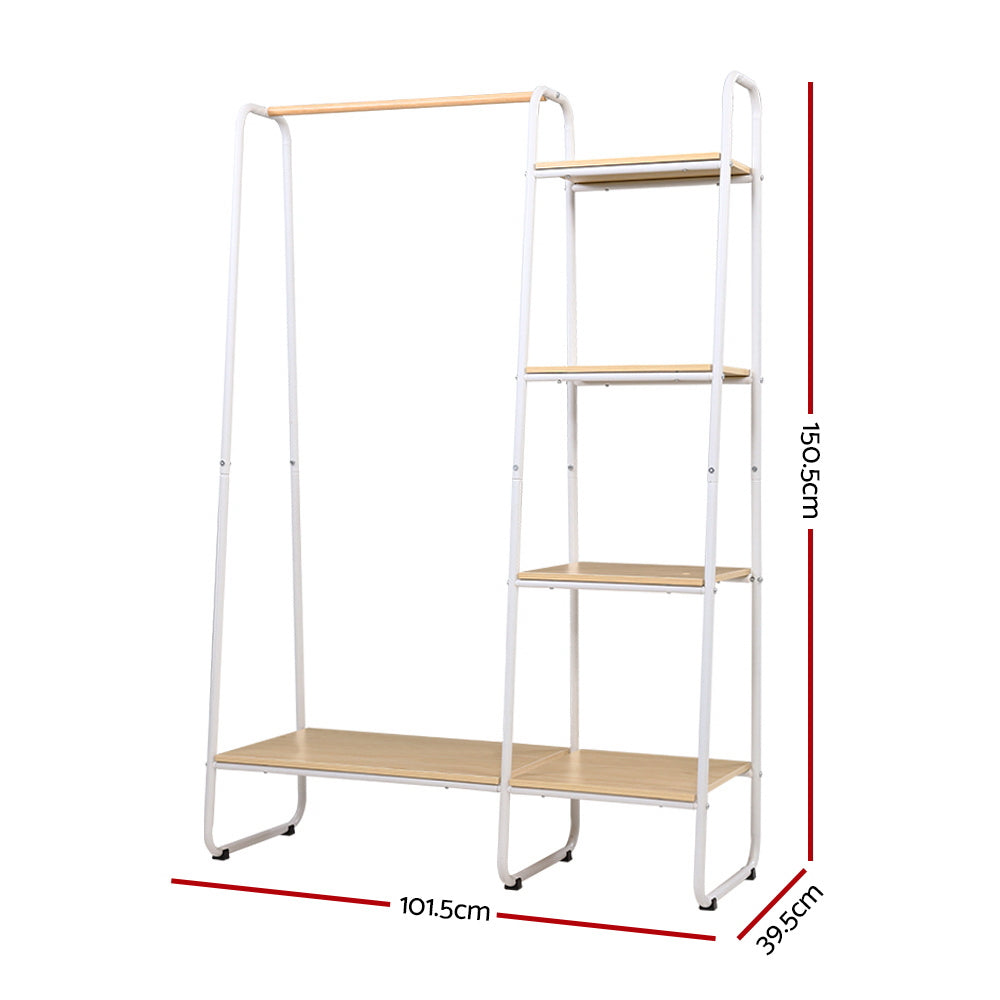 Side view of metal clothes stand with MDF shelves
