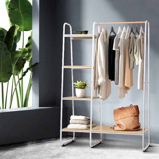 Wardrobe rack with anti-slip rail and shelves