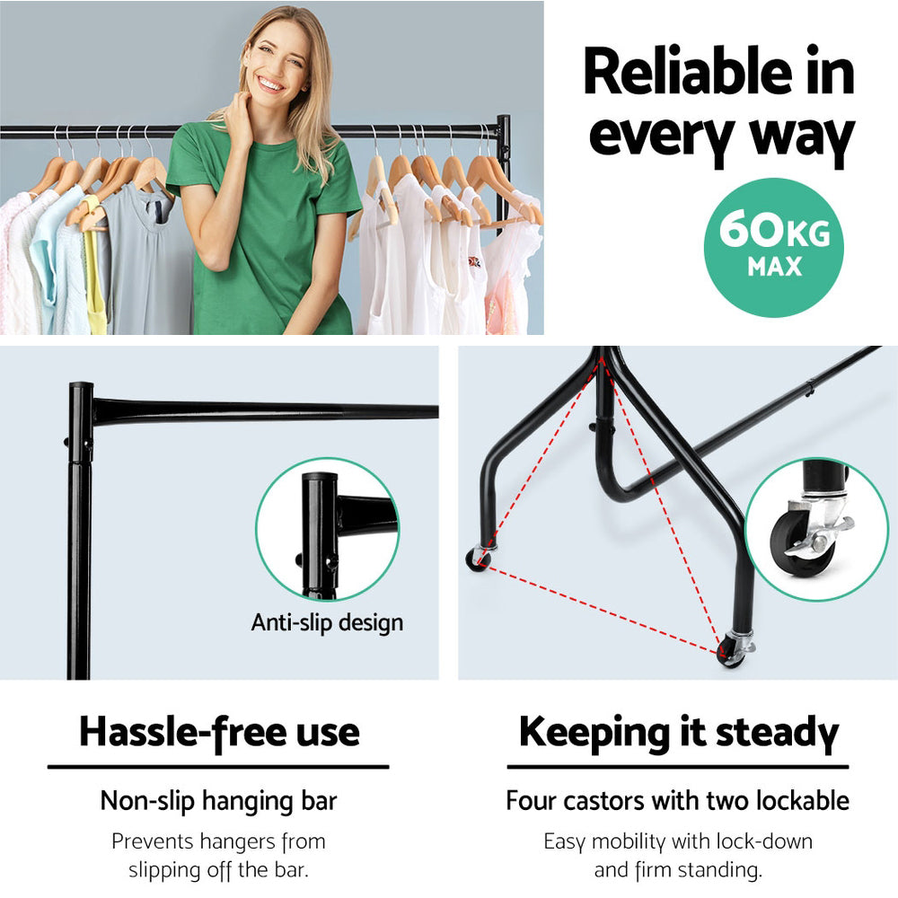 Lockable castors on mobile garment rail for easy movement and stability