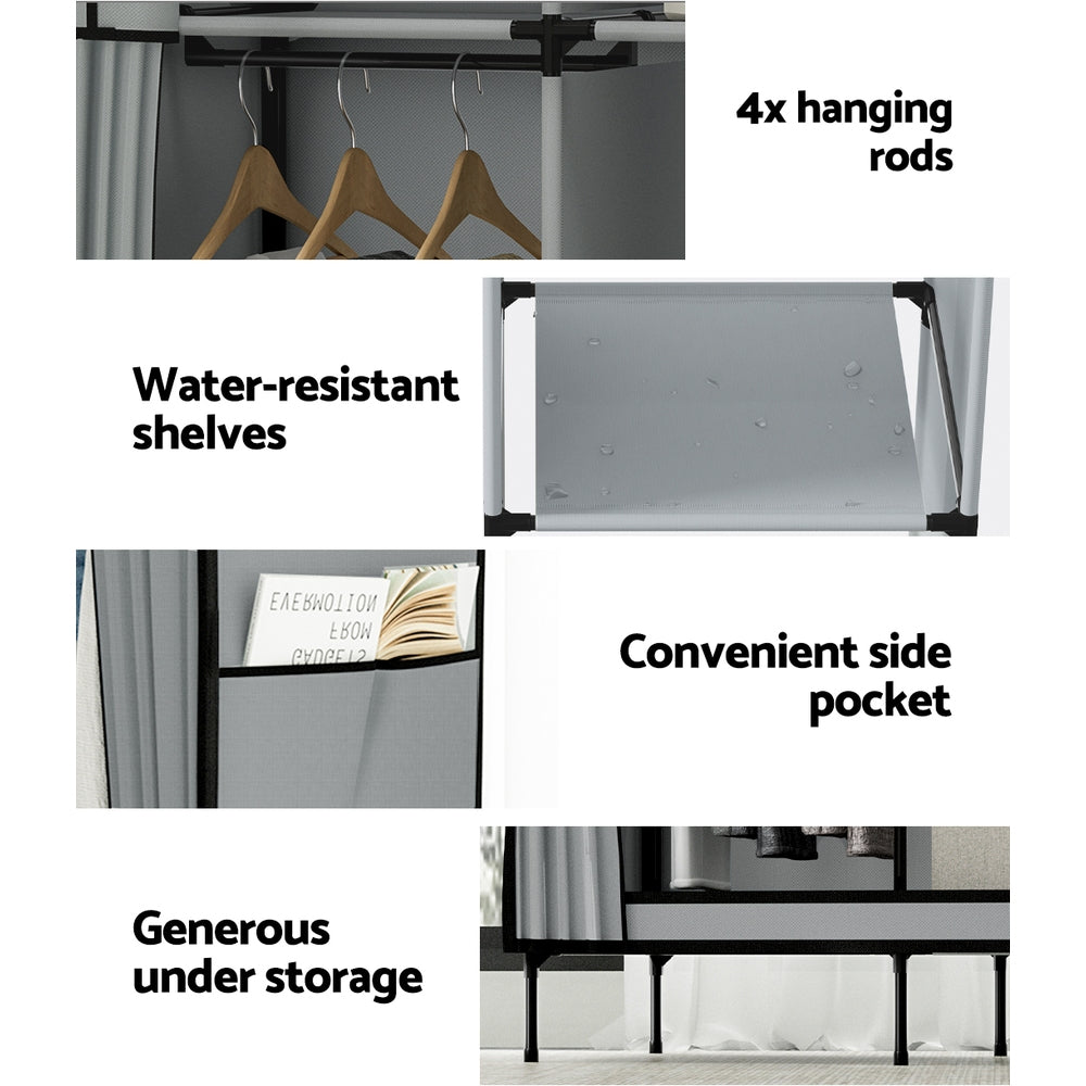 Portable wardrobe interior showing four hanging rods adjustable shelves and side pockets for maximum organization