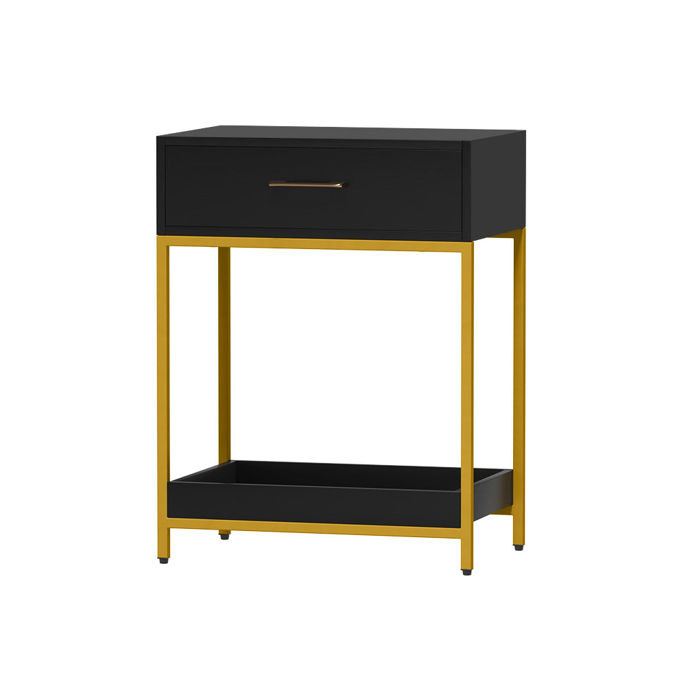 Artiss MASON Bedside Table – Black & Gold Nightstand with Drawer & Shelf | Modern Glam Bedroom Storage