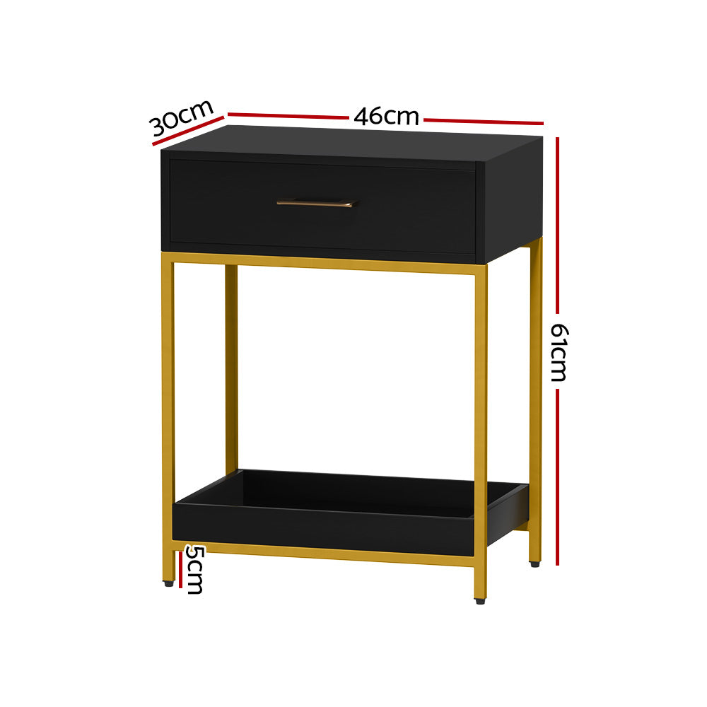 Artiss MASON Bedside Table – Black & Gold Nightstand with Drawer & Shelf | Modern Glam Bedroom Storage