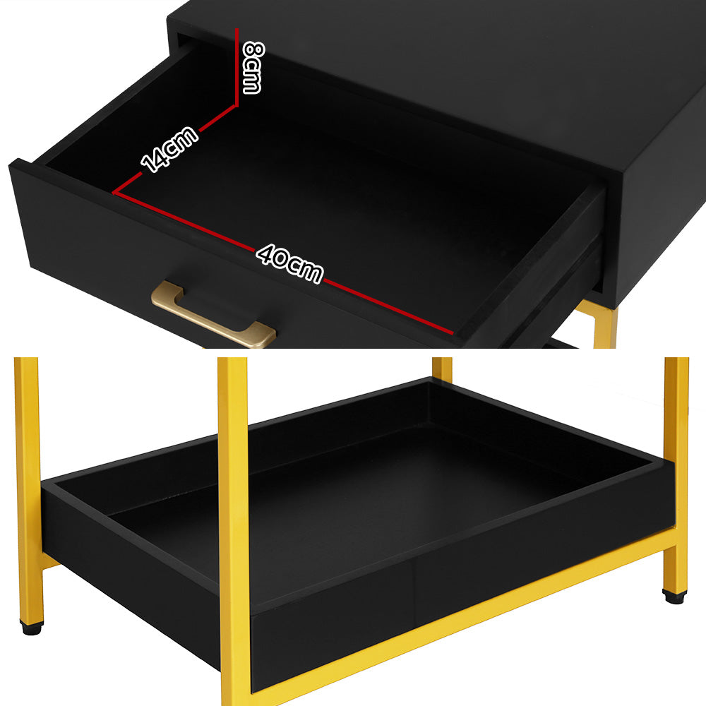 Artiss MASON Bedside Table – Black & Gold Nightstand with Drawer & Shelf | Modern Glam Bedroom Storage