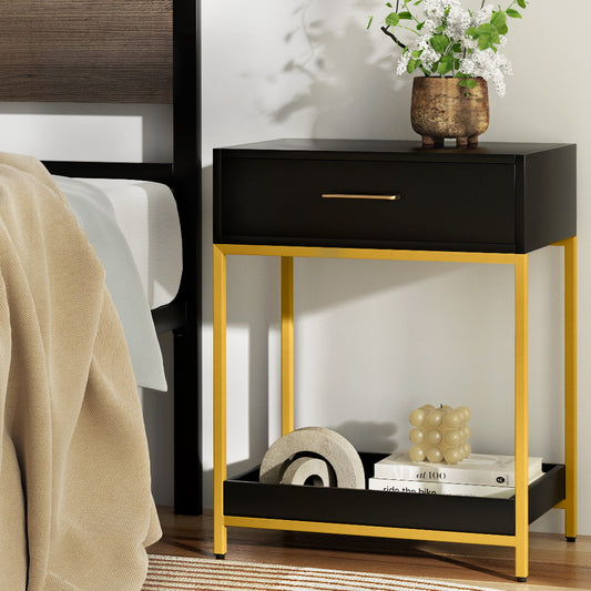 Artiss MASON Bedside Table – Black & Gold Nightstand with Drawer & Shelf | Modern Glam Bedroom Storage