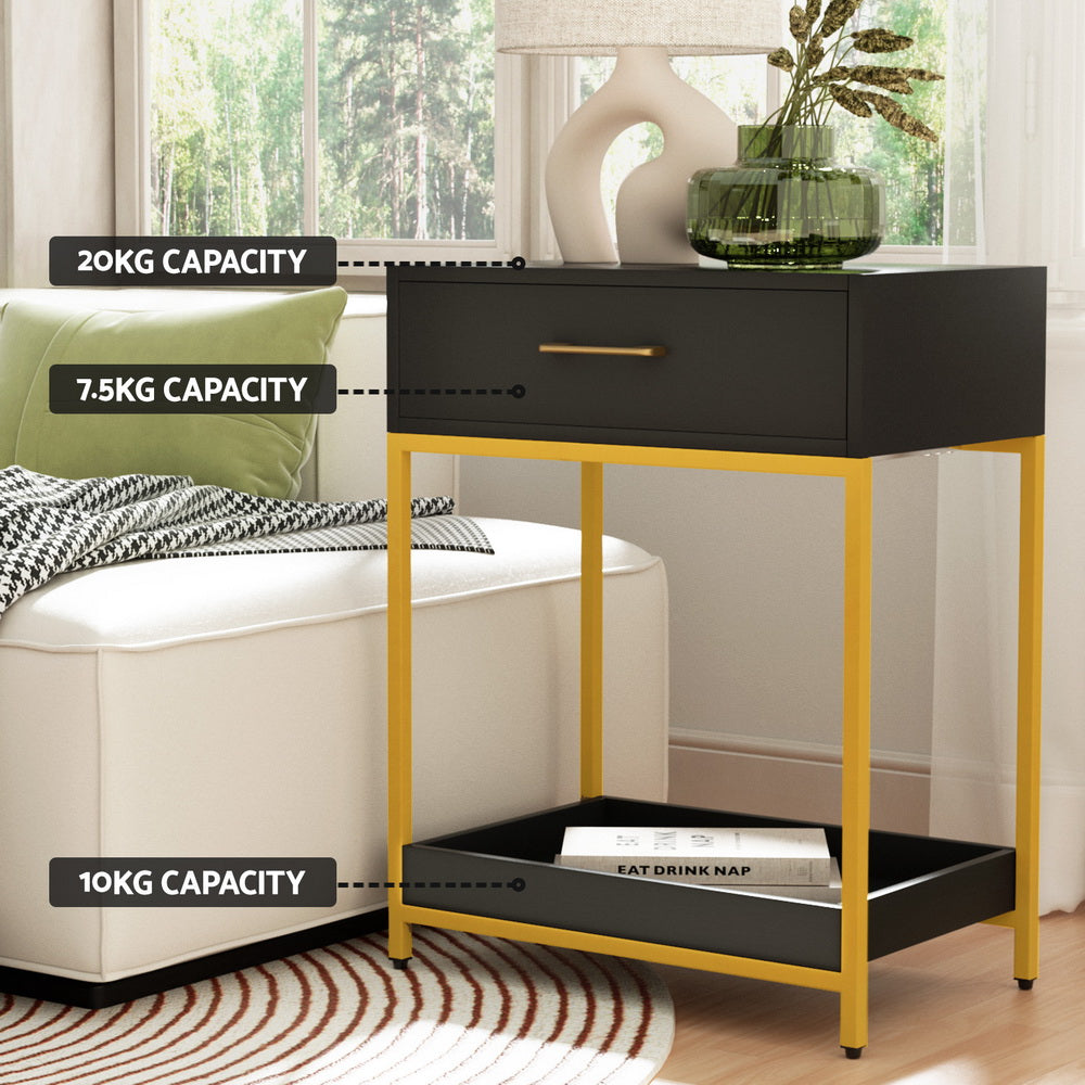 Artiss MASON Bedside Table – Black & Gold Nightstand with Drawer & Shelf | Modern Glam Bedroom Storage