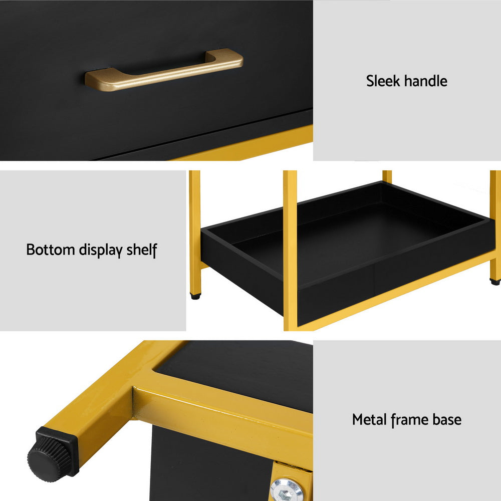 Artiss MASON Bedside Table – Black & Gold Nightstand with Drawer & Shelf | Modern Glam Bedroom Storage