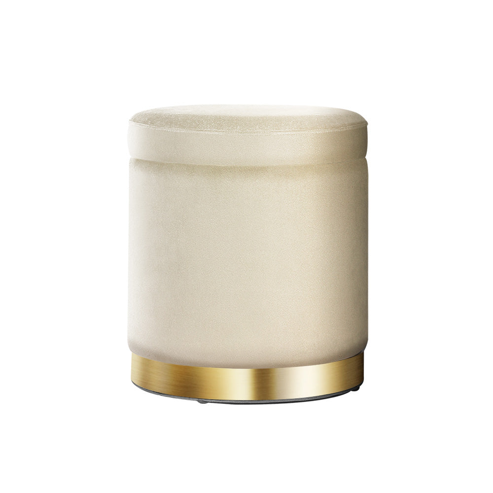 Side view of round foot stool in cream velvet for bedrooms or living rooms