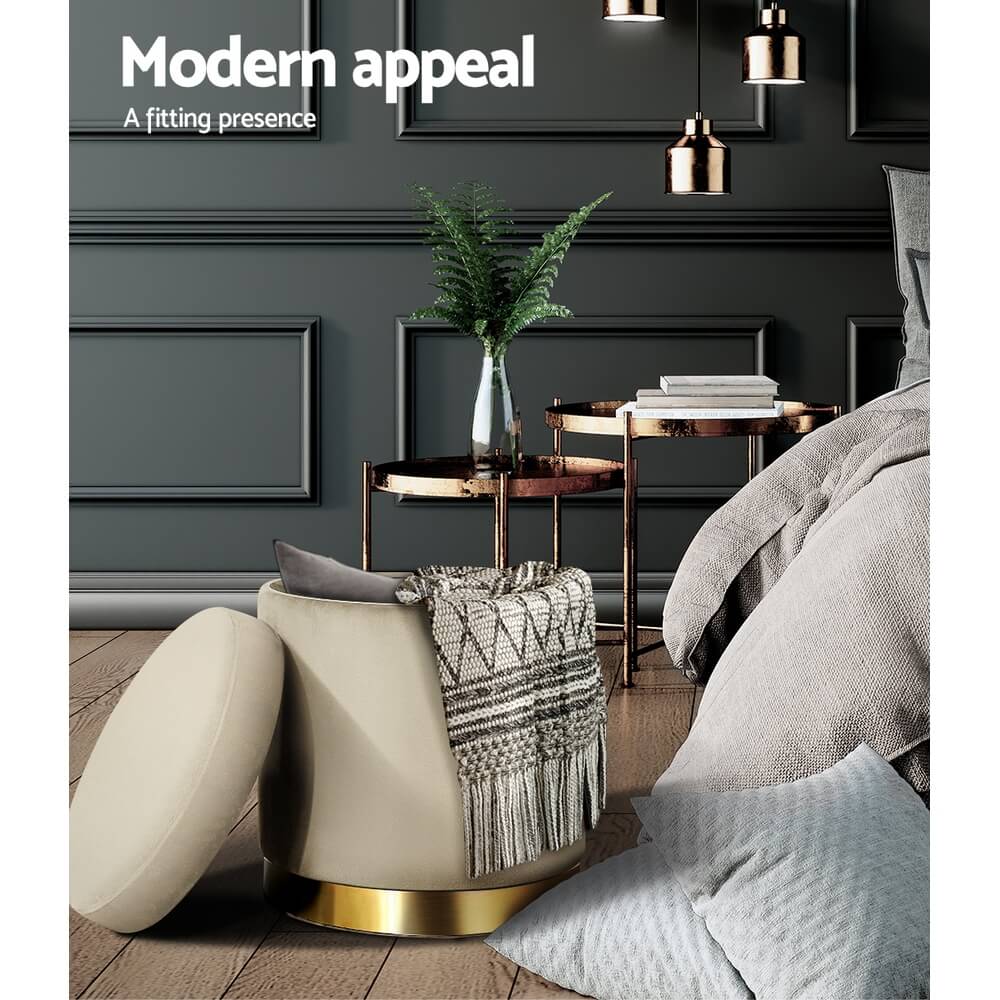 Cream Velvet Ottoman Foot Stool with Hidden Storage | Smart Storage AU