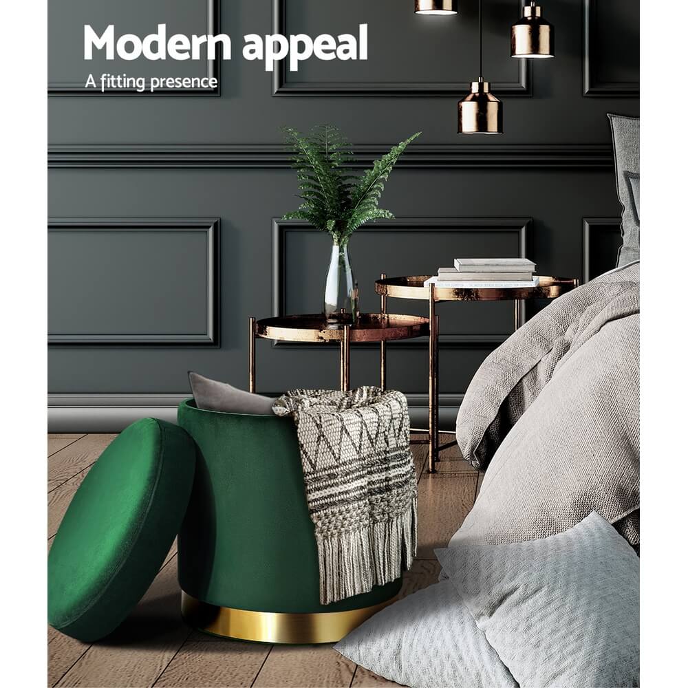 Artiss Velvet Ottoman Storage Foot Stool – Round Green Luxury with Hidden Storage