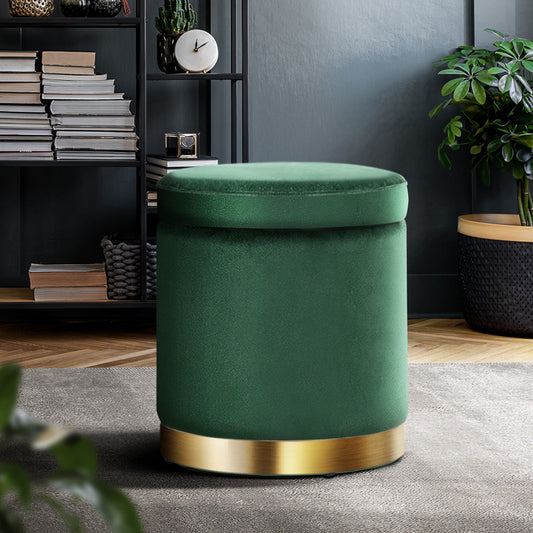 Artiss Velvet Ottoman Storage Foot Stool – Round Green Luxury with Hidden Storage