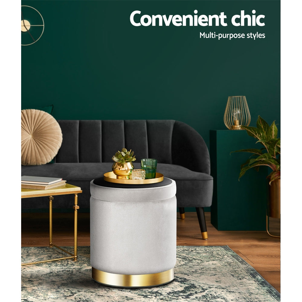 Velvet Storage Ottoman Footstool Grey - Hidden Storage Seat for Small Spaces Australia