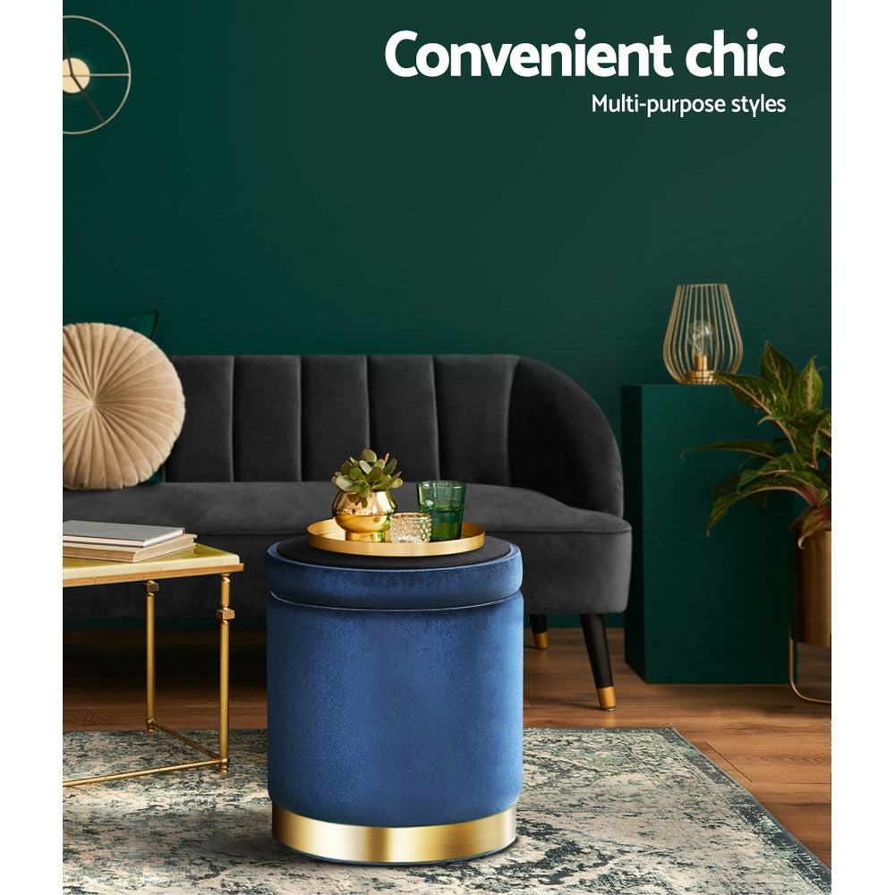 Round Storage Ottoman Navy Velvet - 40cm Footstool with Hidden Storage
