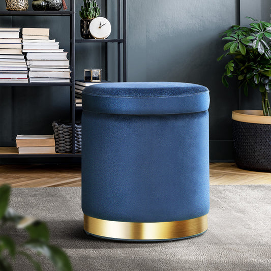 Velvet Ottoman Storage Foot Stool – Round Navy Luxury with Hidden Storage