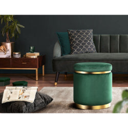 Artiss Round Velvet Ottoman Footstool – Emerald Green with Gold Base, No Assembly Needed
