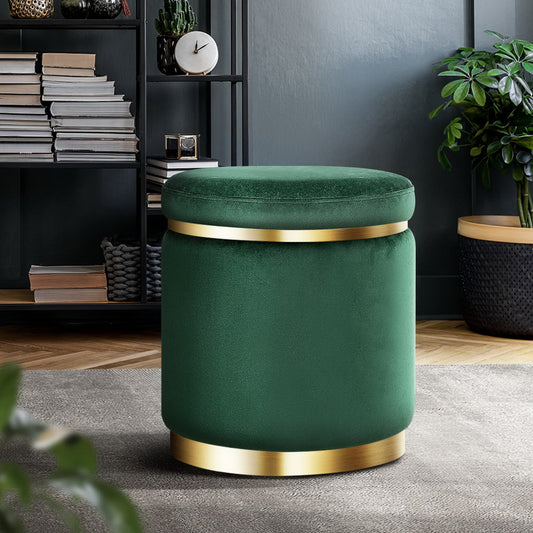 Artiss Round Velvet Ottoman Footstool – Emerald Green with Gold Base, No Assembly Needed