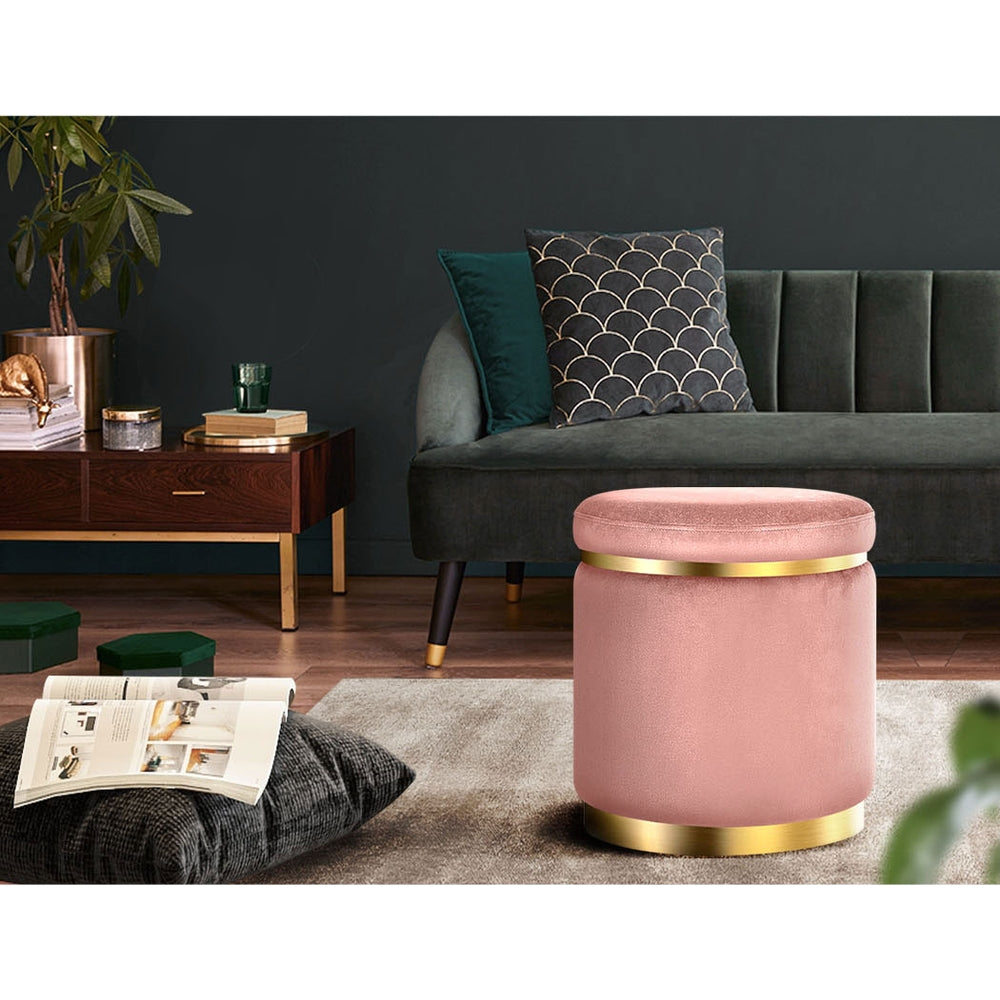 Artiss Velvet Round Ottoman Footstool – Blush Pink, Gold Base, No Assembly Needed