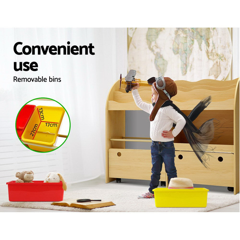 Natural woodgrain display shelf for children's books and toys