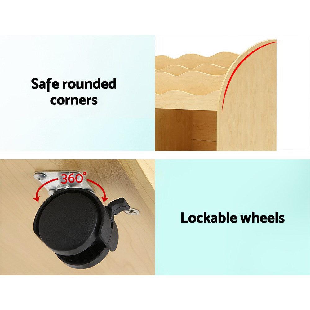 Kids organiser unit with lockable wheels and safe edges
