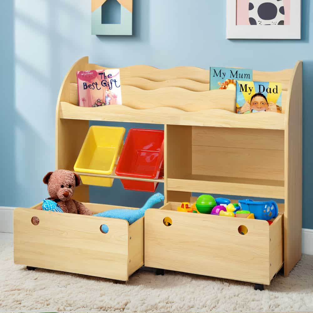 Multi-tier toy storage rack with removable plastic bins