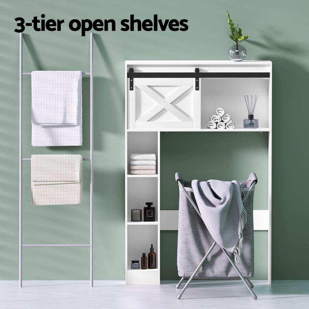 Over Toilet Bathroom Storage Cabinet – Sliding Barn Door Shelf, White & Black (128cm)