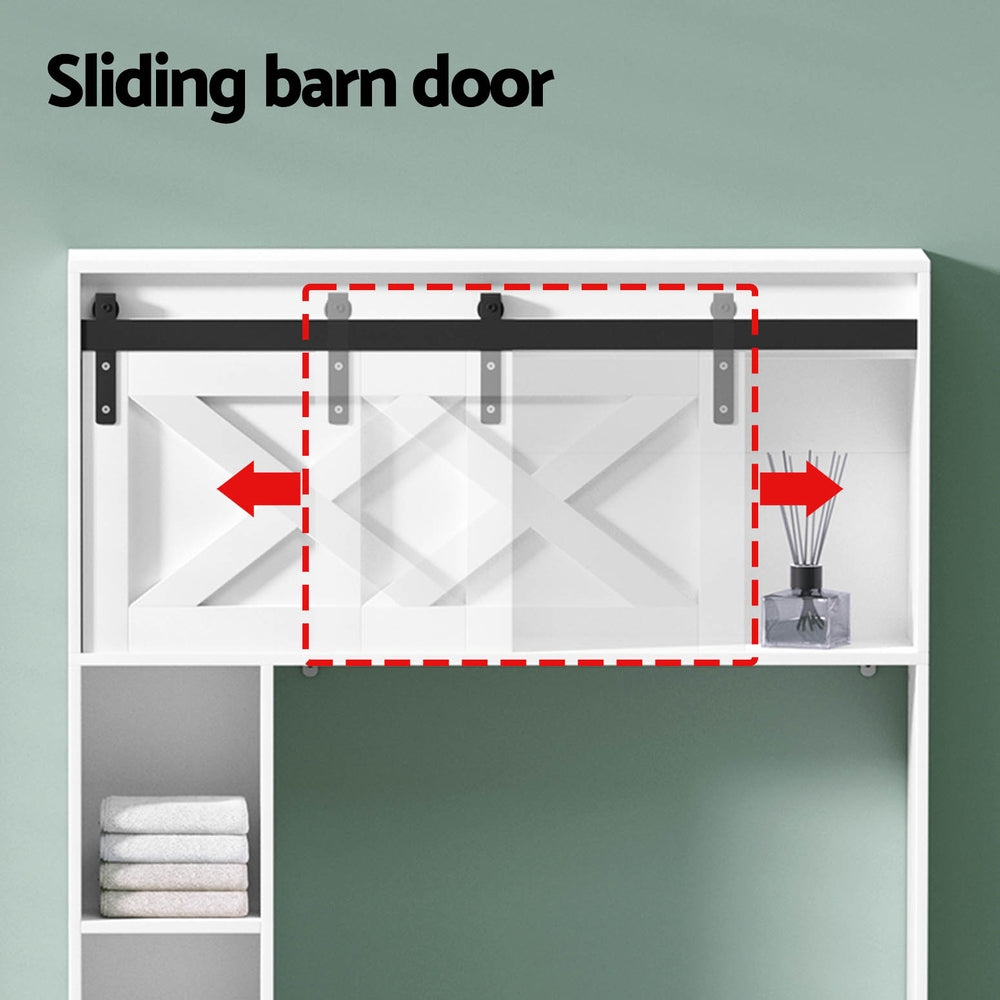 Over Toilet Bathroom Storage Cabinet – Sliding Barn Door Shelf, White & Black (128cm)