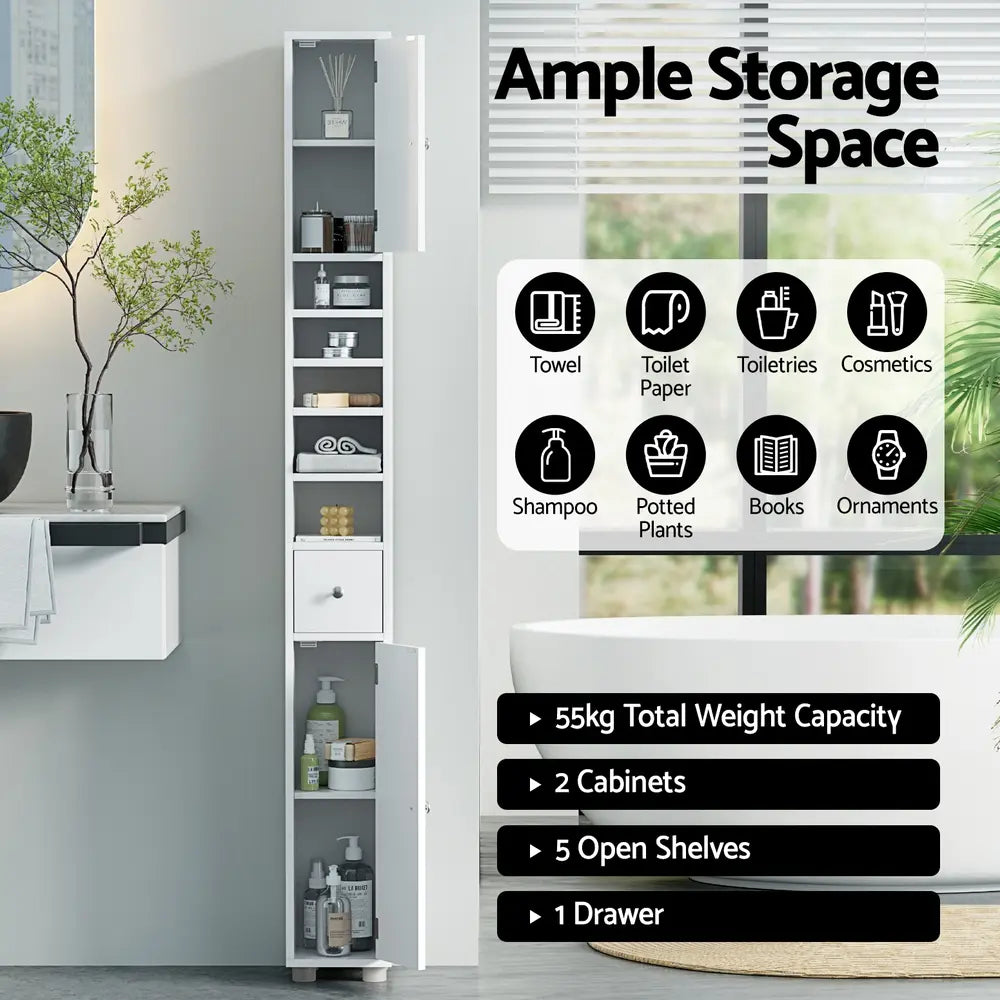 Bathroom tower interior showing 2 cabinets 5 compartments 1 drawer organized storage capacity